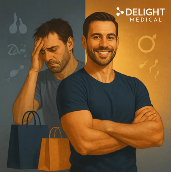 Graphic of stressed male versus happy/healthy male