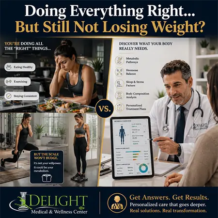 Medical weight loss consultation showing the difference between diet and exercise alone versus personalized physician-guided treatment addressing metabolism, hormones, sleep, stress, and body composition