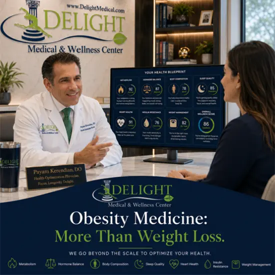 Physician consulting with a patient about obesity medicine, metabolic health, hormone balance, and personalized medical weight loss treatment