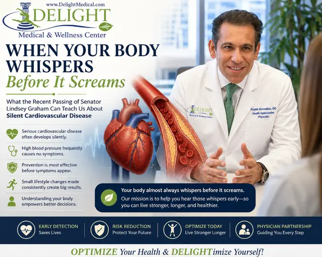 Alt: Delight Medical & Wellness Center graphic featuring Dr. Payam Kerendian discussing silent cardiovascular disease, high blood pressure, prevention, early detection, and health optimization.