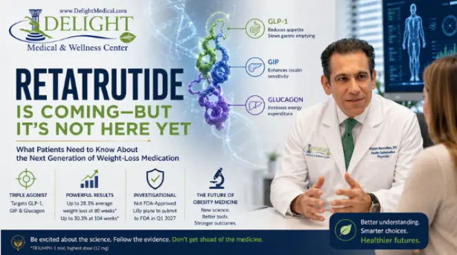 Retatrutide weight-loss medication infographic from Delight Medical & Wellness Center explaining GLP-1, GIP, and glucagon pathways with Dr. Payam Kerendian.