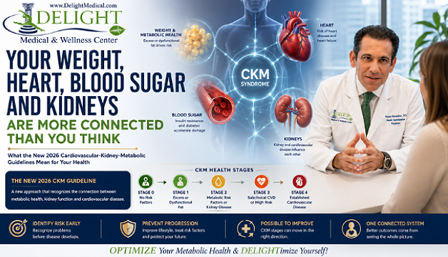 CKM syndrome infographic showing the connection between weight, heart health, blood sugar, kidney health, and cardiovascular risk